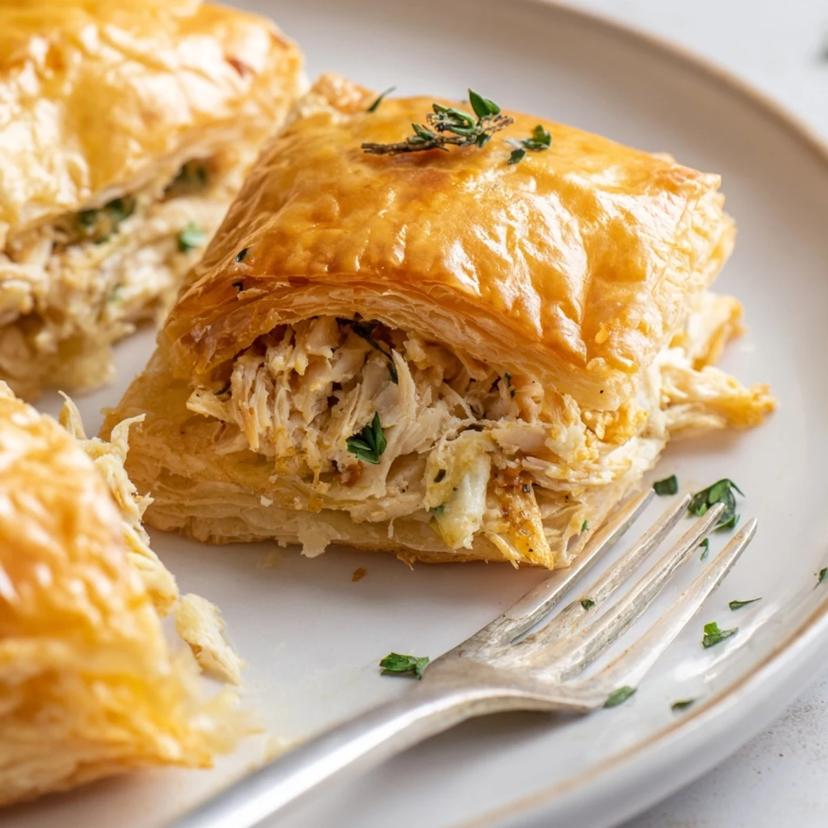 Rustic chicken ricotta and herb pie baked in a golden puff pastry crust with steam vents