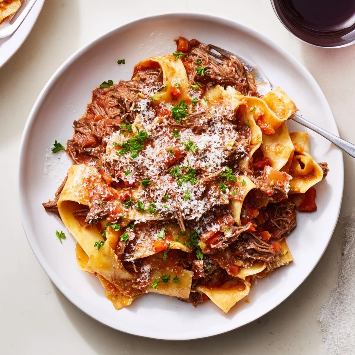 Hearty slow cooked lamb ragu piled high on pappardelle pasta with fresh parsley and Parmesan sprinkled on top