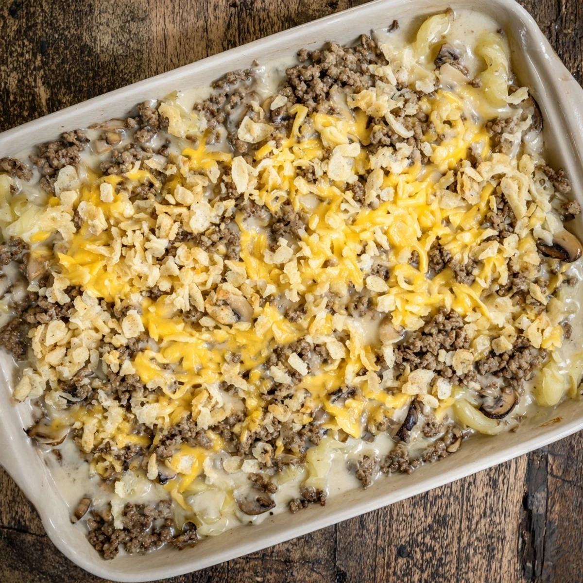 Golden hamburger mushroom bake with bubbly cheddar cheese and crispy buttered breadcrumb topping
