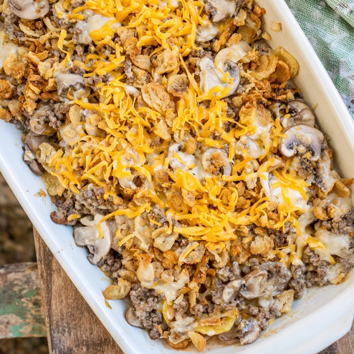 Creamy hamburger mushroom bake featuring tender beef slices and melted cheese topping