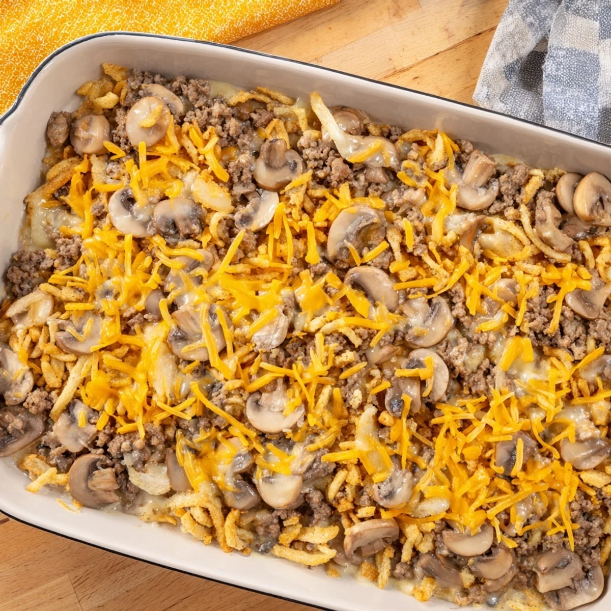 Savory ground beef and mushroom casserole served hot from a white rectangular baking dish