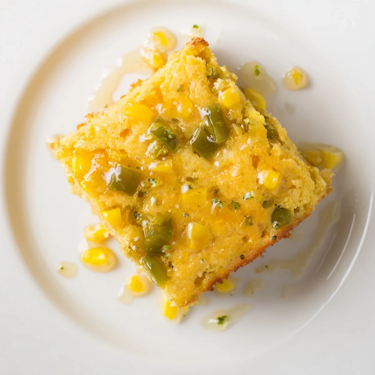 Golden brown spicy jalapeño cornbread drizzled with tangy lime honey glaze on a wooden board