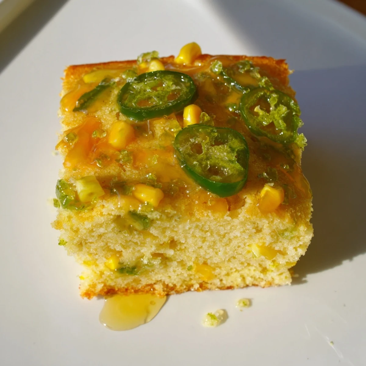 Slice of Southern style cornbread featuring spicy peppers finished with glossy honey lime glaze