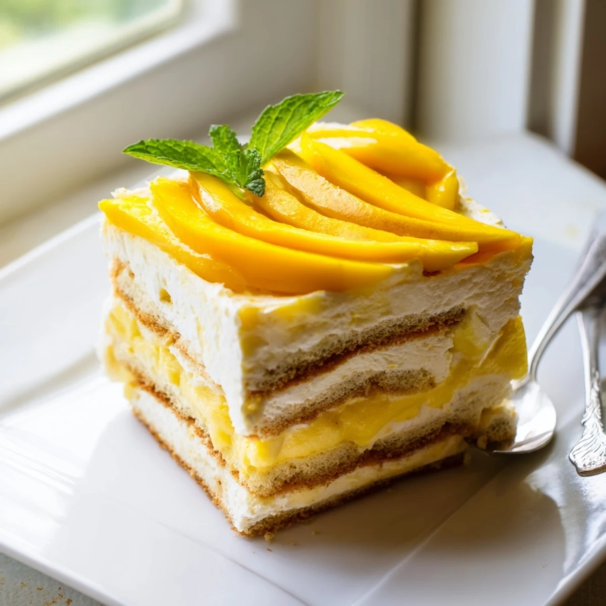 Golden Mango Tiramisu layered with fresh mango slices and mint garnish in a clear glass serving dish