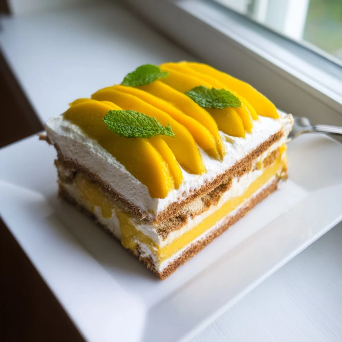 Creamy Mango Tiramisu dessert showing coffee soaked ladyfingers topped with fluffy mascarpone and vibrant mango puree layers