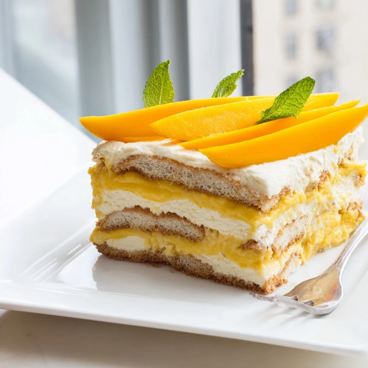 Tropical Mango Tiramisu close up with smooth mascarpone cream sweet mango topping and fresh green mint sprig