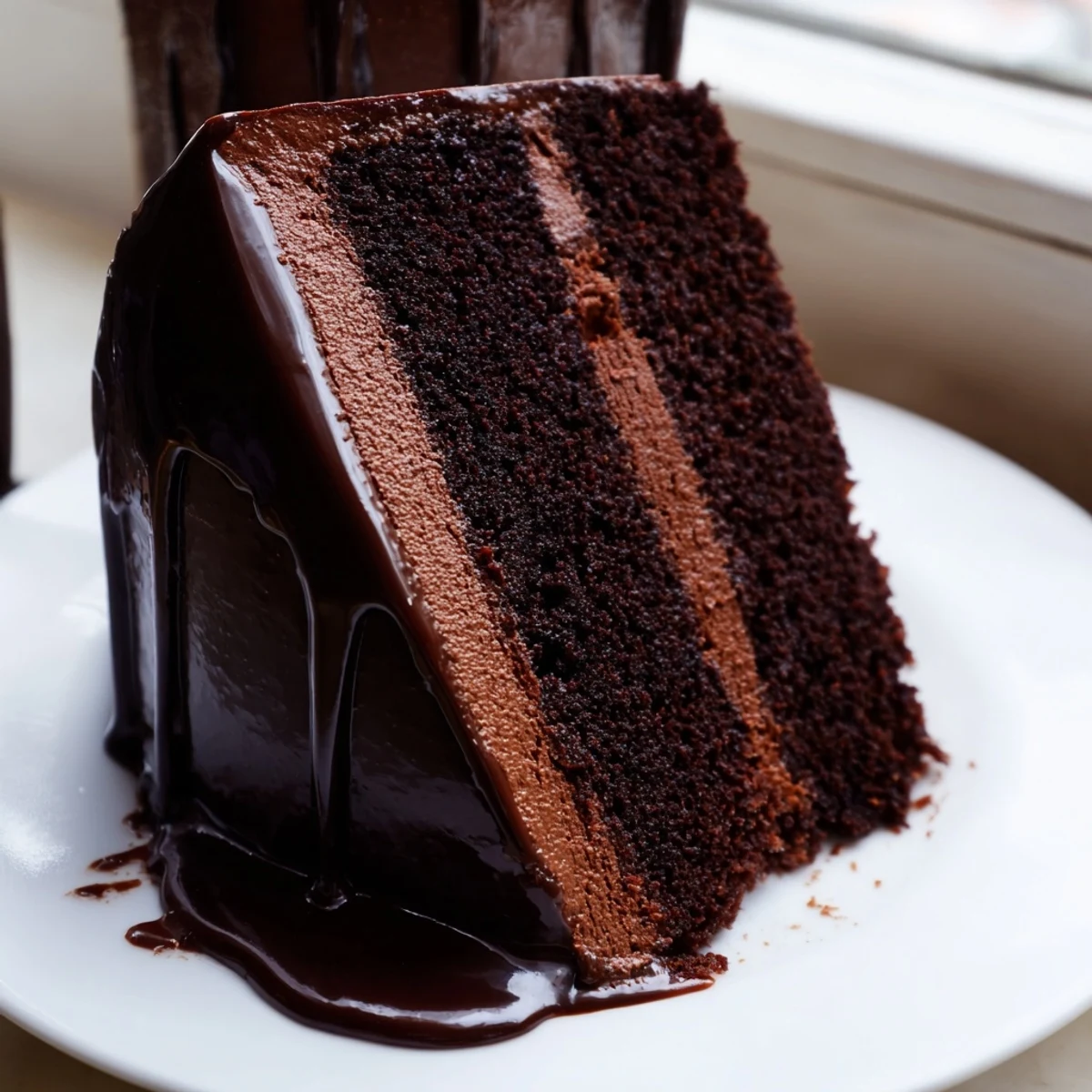 Decadent dark chocolate mousse cake featuring smooth mousse topping and shiny chocolate glaze