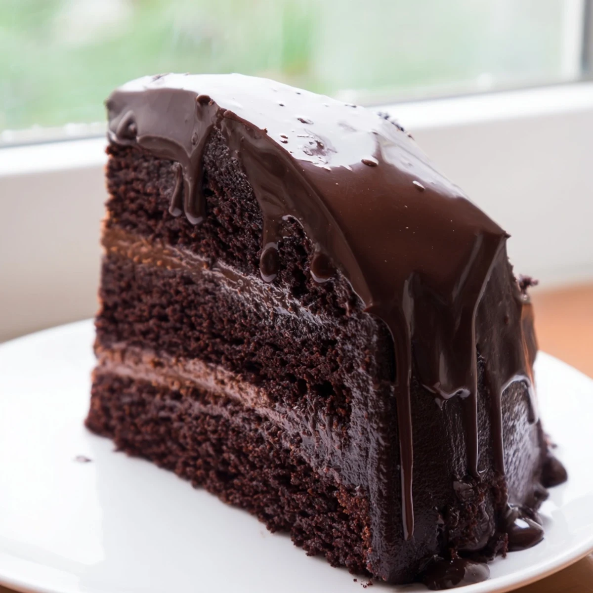Rich dark chocolate mousse cake with glossy glaze and velvety layers on a white plate