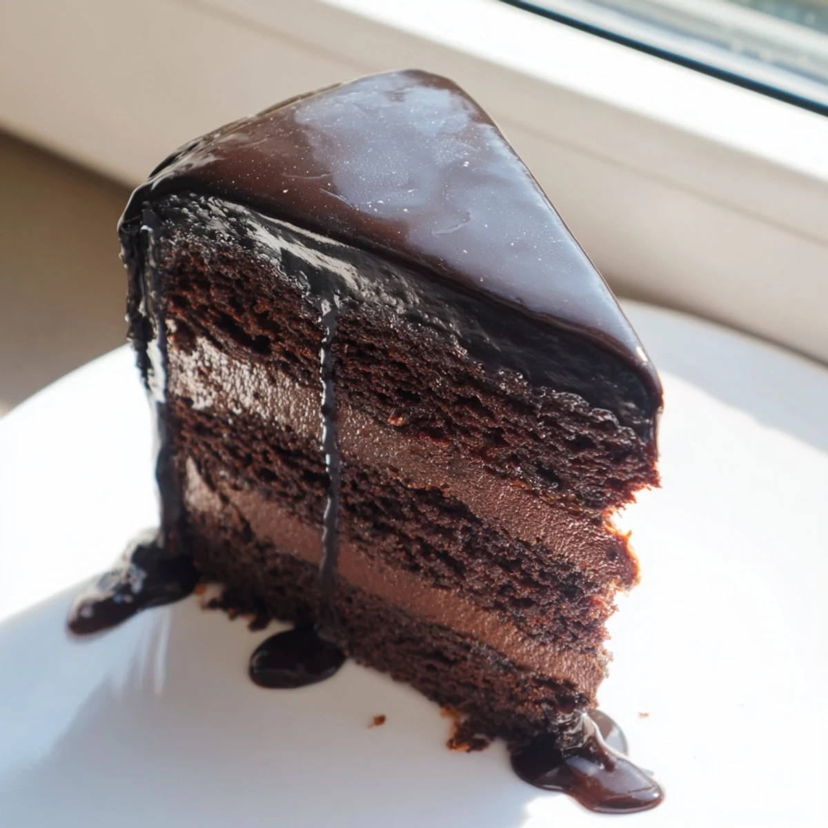 Elegant slice of dark chocolate mousse cake revealing moist sponge and creamy mousse texture