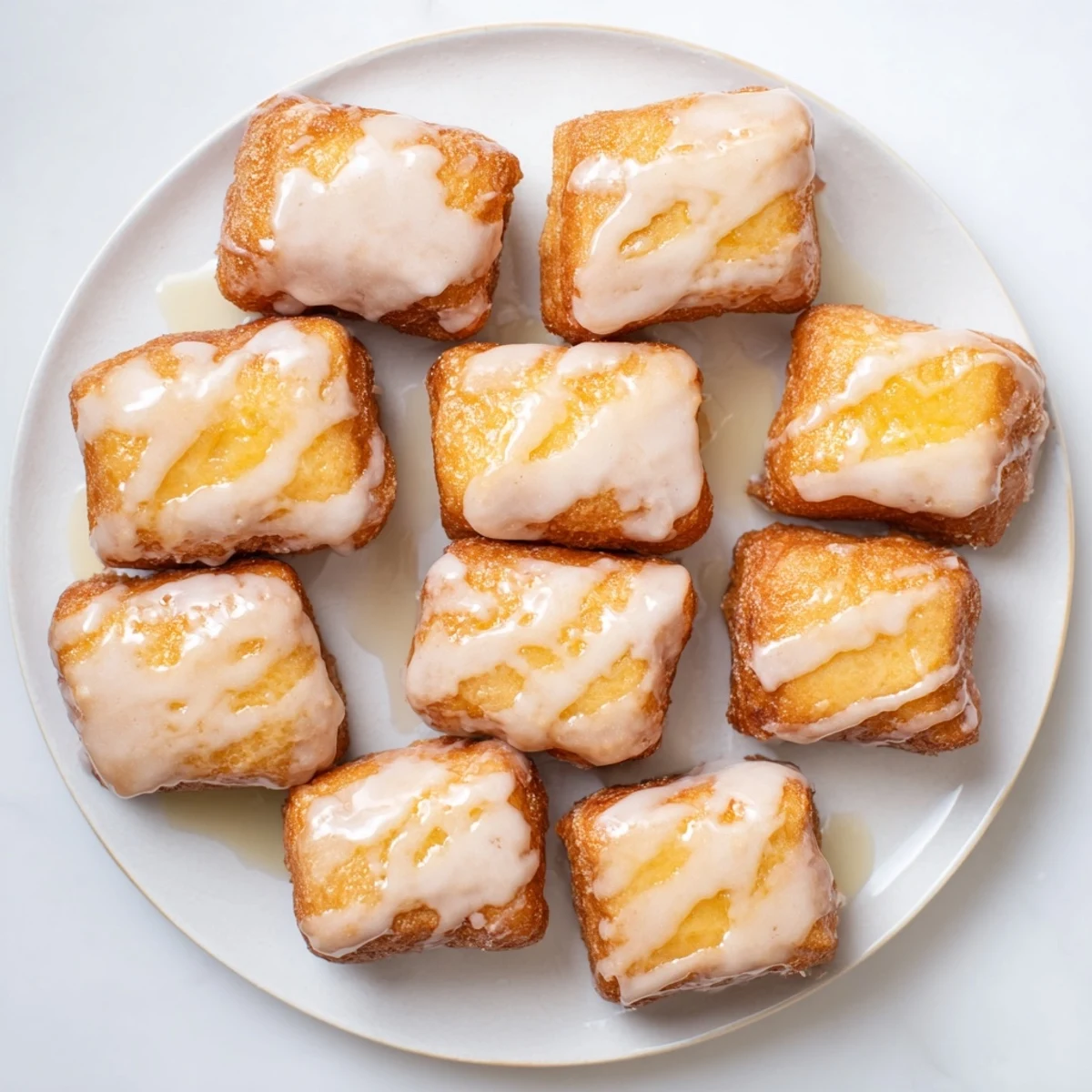 Fluffy fried beignet squares arranged on a rustic wooden board with powdered sugar dusting and sweet glaze coating