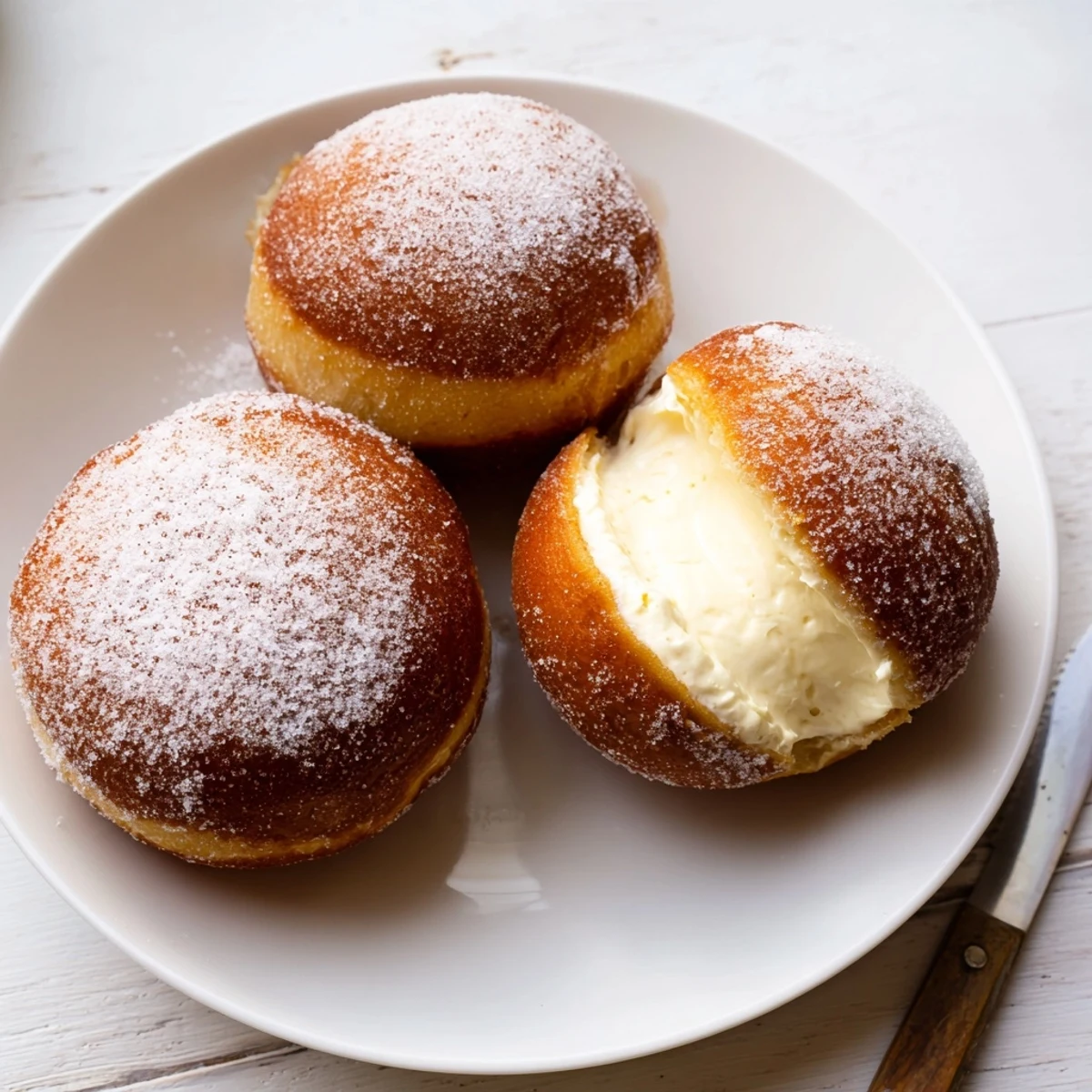 Golden brown bomboloni cream donuts dusted with sugar on a white serving plate