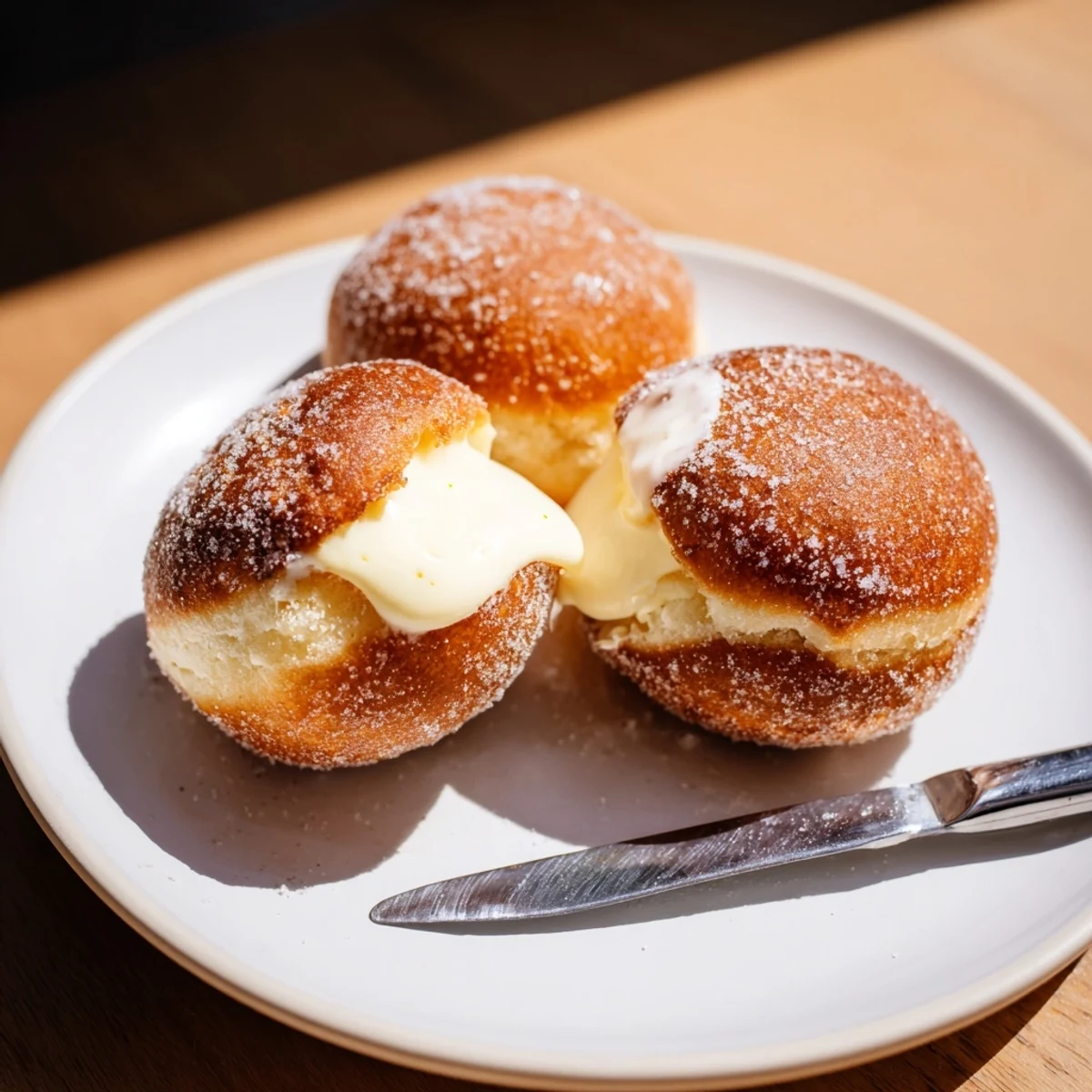 Soft Italian bomboloni cream donuts filled with vanilla pastry cream and coated in sparkling sugar