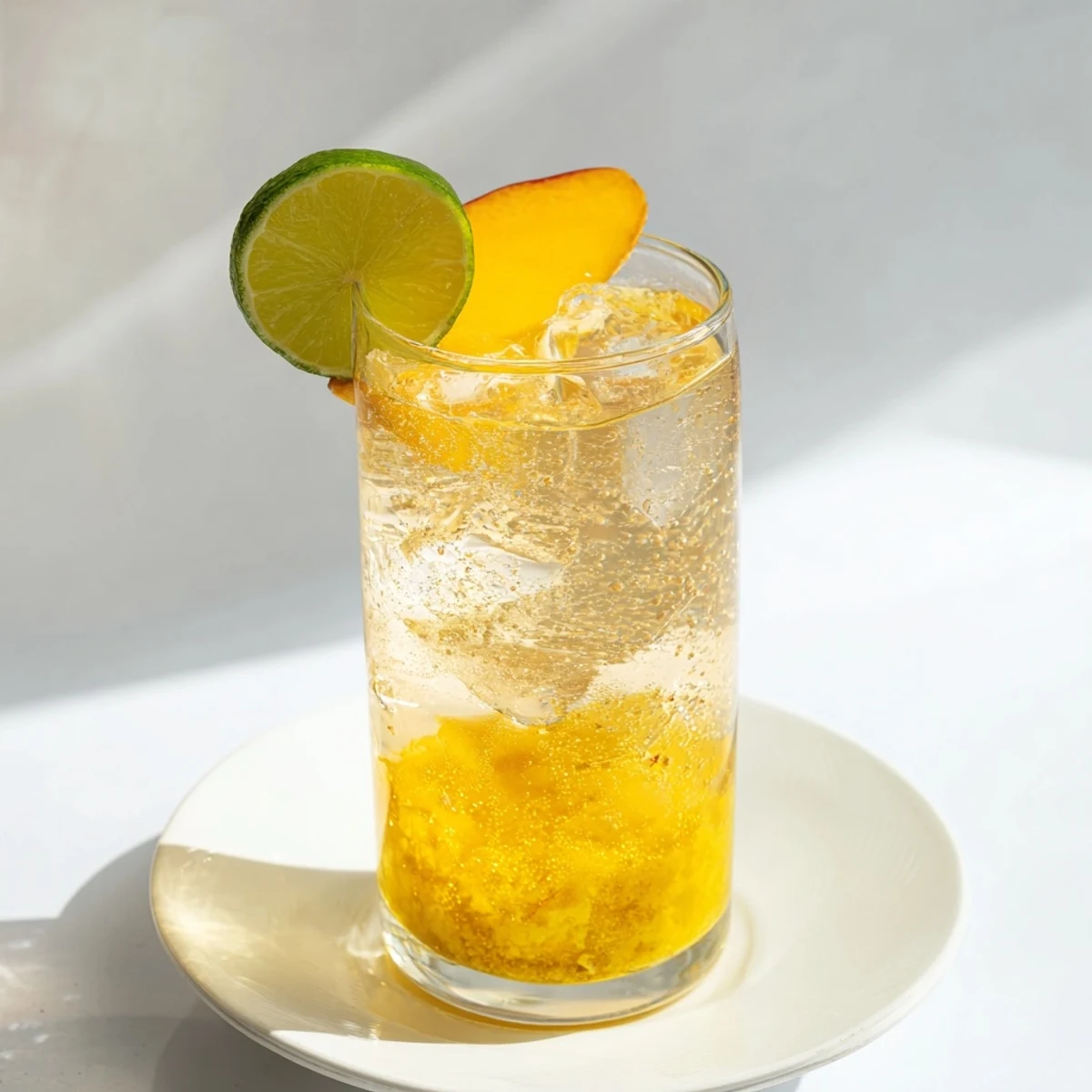 Golden mango ginger mocktail in a clear glass with fresh mint garnish and ice cubes