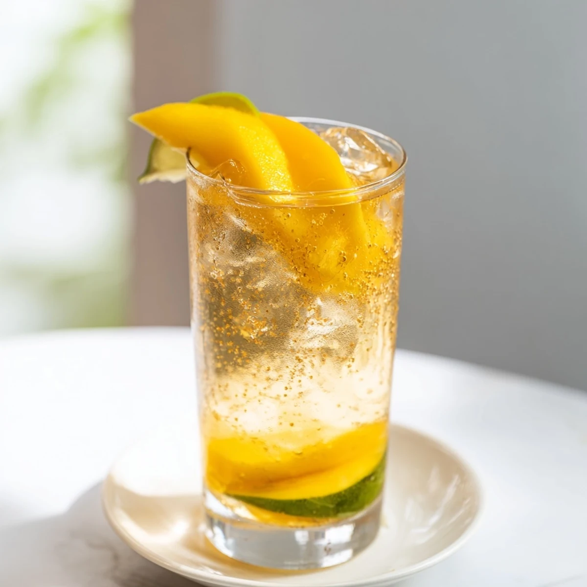 Refreshing non-alcoholic mango ginger mocktail served with lime wedges on a sunny patio table