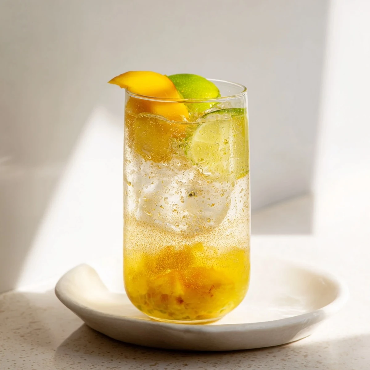 Vibrant yellow mango ginger mocktail topped with sparkling water and garnished with mango slices