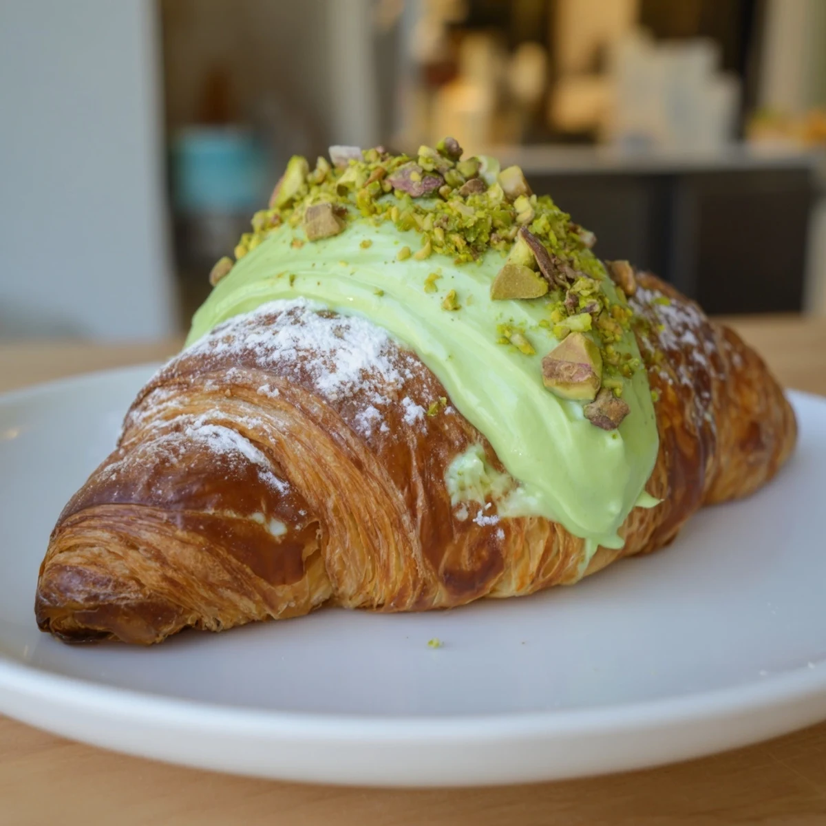 Golden pistachio croissants with creamy green filling and chopped nut garnish on a baking sheet