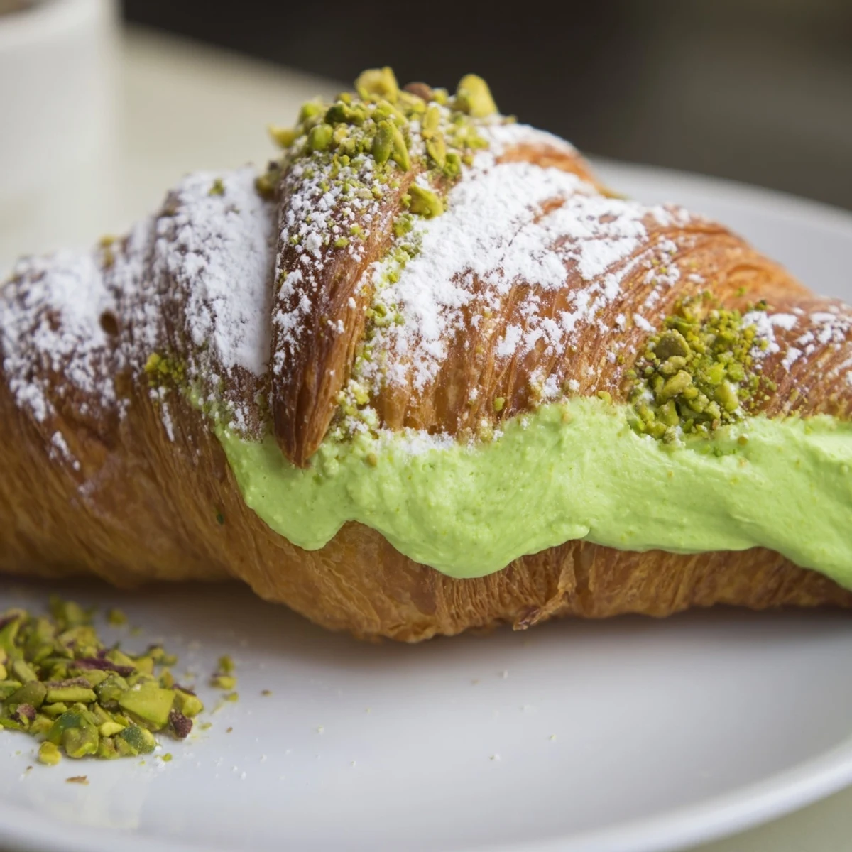 Warm homemade pistachio croissants fresh from the oven with toasted nuts and sweet glaze