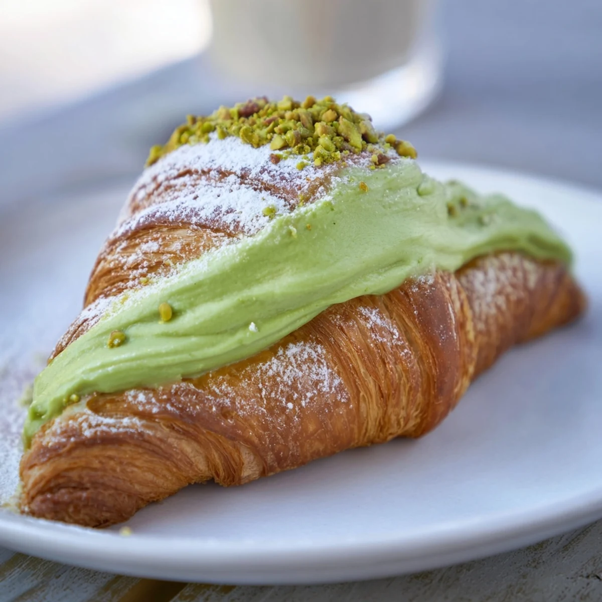 Flaky buttery pistachio croissants sliced open revealing luscious cream and dusted with powdered sugar