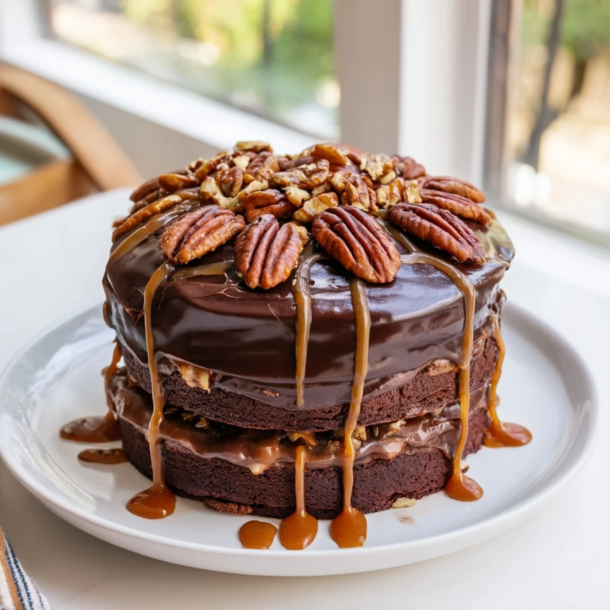 Rich chocolate turtle cake with gooey caramel layers, toasted pecans, and glossy ganache dripping down the sides
