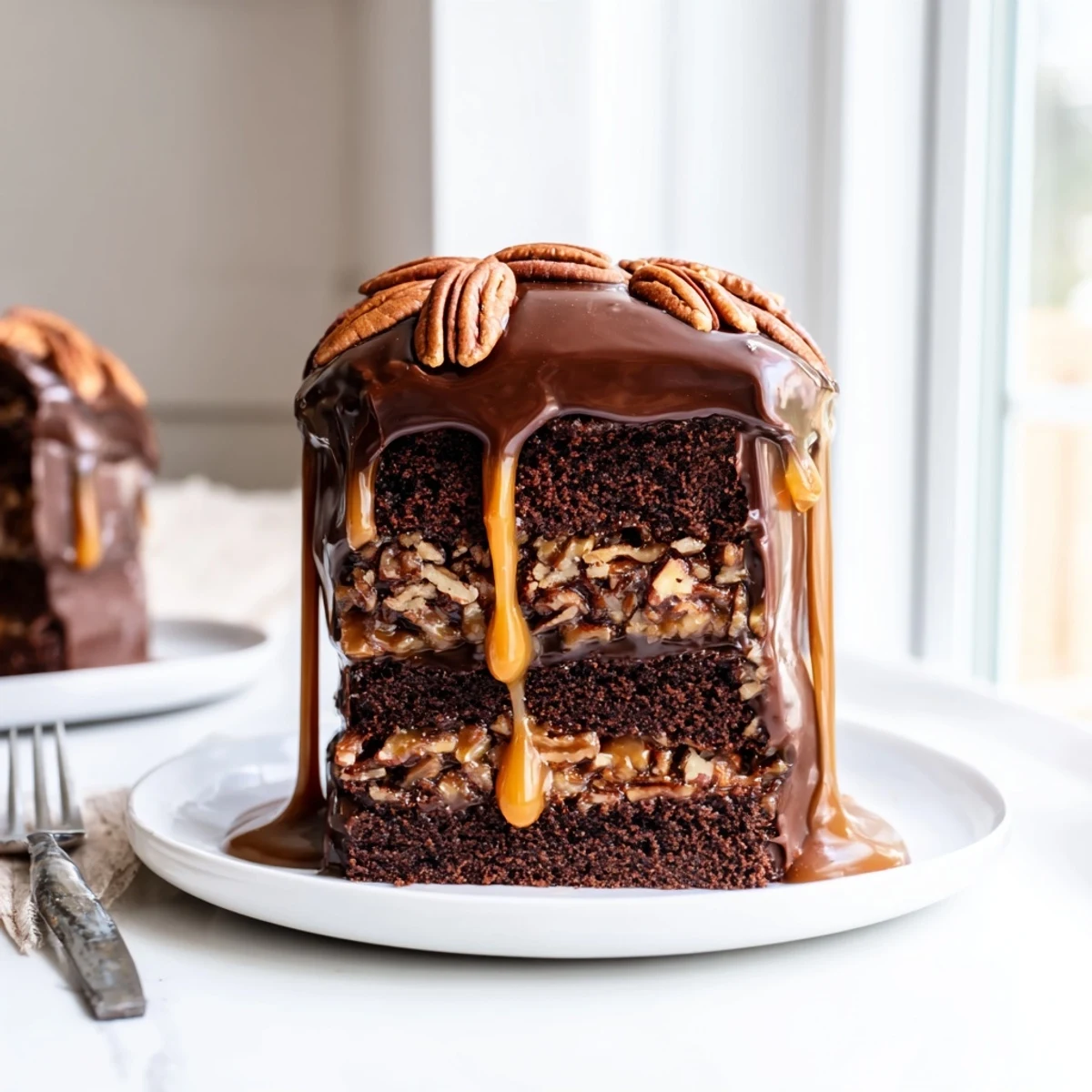 Show-stopping chocolate turtle cake featuring smooth ganache, caramel filling, and generously scattered pecans for texture contrast