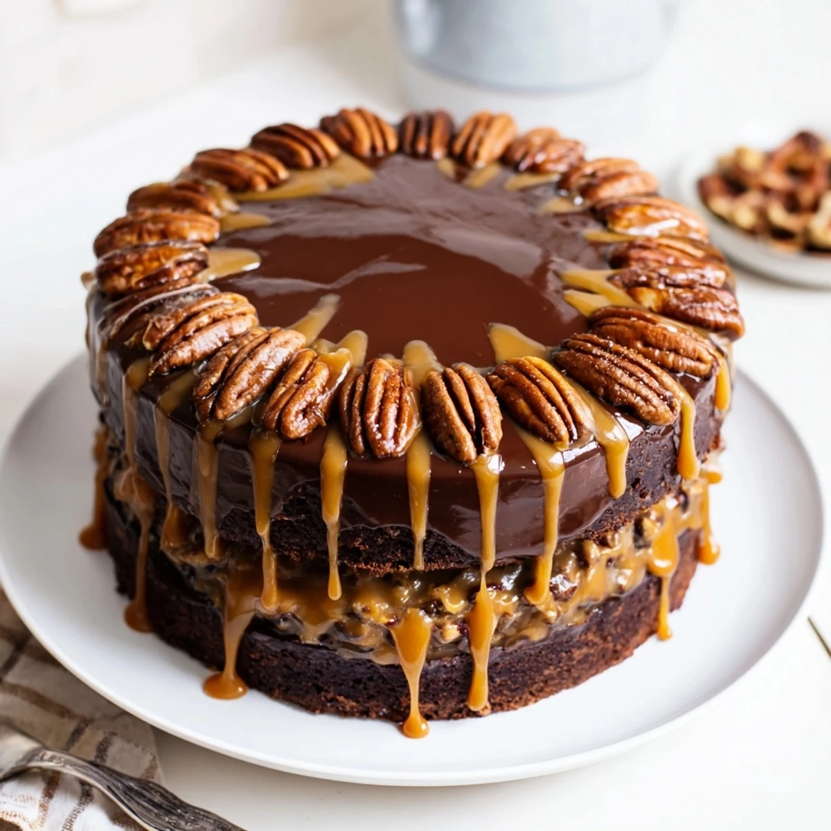 Decadent layered chocolate turtle cake topped with caramel drizzle and crunchy pecan halves on a white serving plate