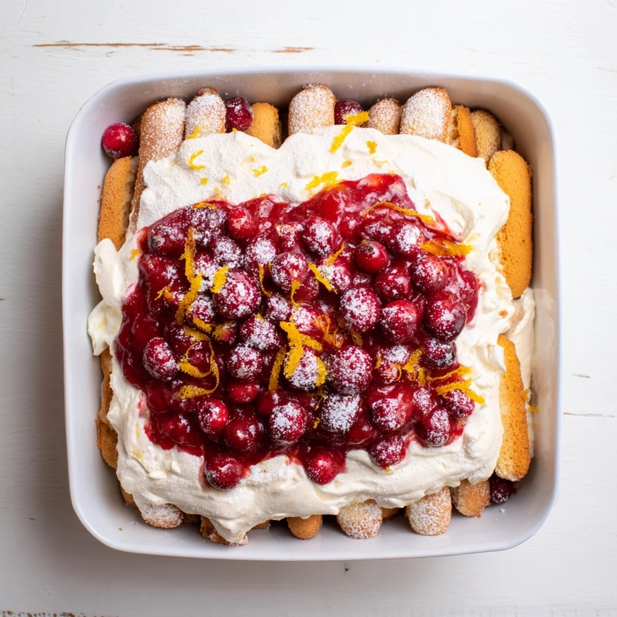 Layers of espresso-soaked ladyfingers topped with creamy cranberry and orange tiramisu dusted with powdered sugar