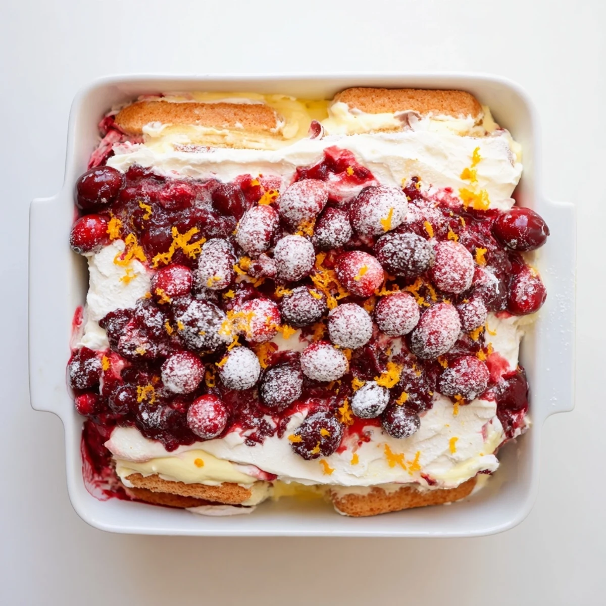 Glass trifle dish showing festive cranberry and orange tiramisu with bright red compote swirling through white mascarpone