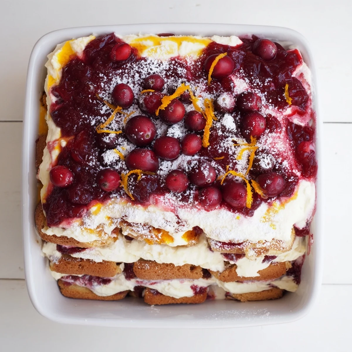 Serving square of cranberry and orange tiramisu garnished with fresh berries and zest on white plate