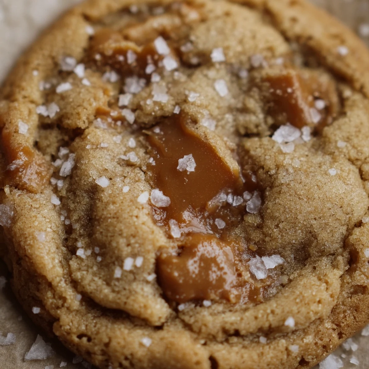 Golden brown sea salt caramel cookies with melted caramel chunks and flaky salt topping on a wire cooling rack
