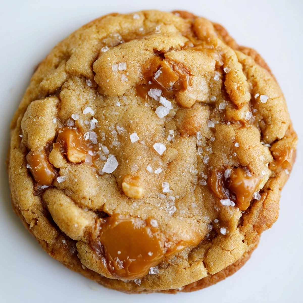 Freshly baked sea salt caramel cookies showing crisp golden edges and soft caramel centers garnished with coarse sea salt