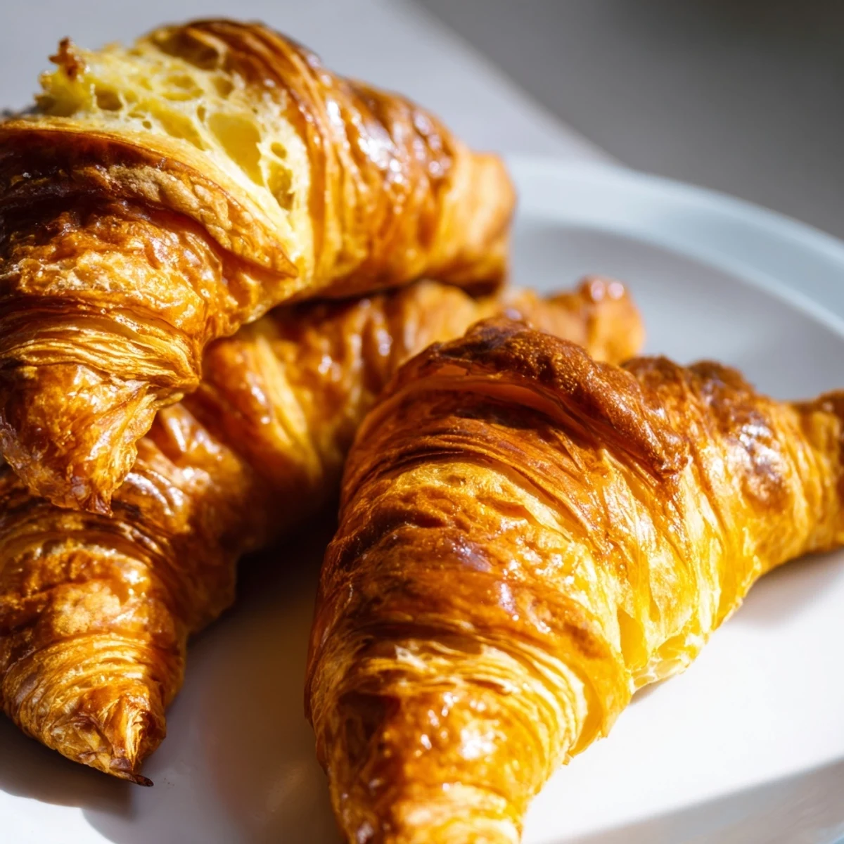 Flaky homemade croissant pastry broken open to reveal tender airy layers inside