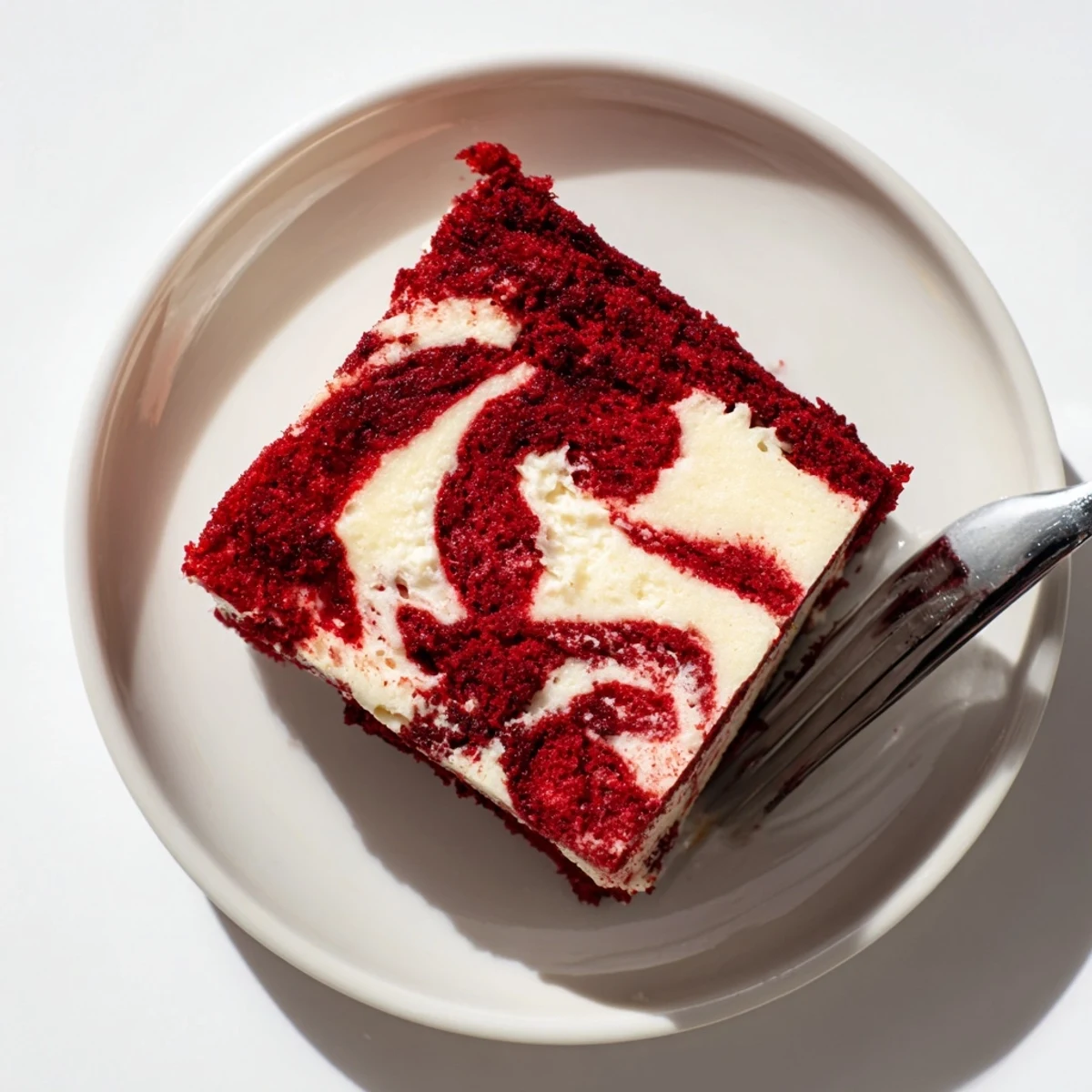 Moist red velvet cake with creamy cheesecake swirls baked to marbled perfection