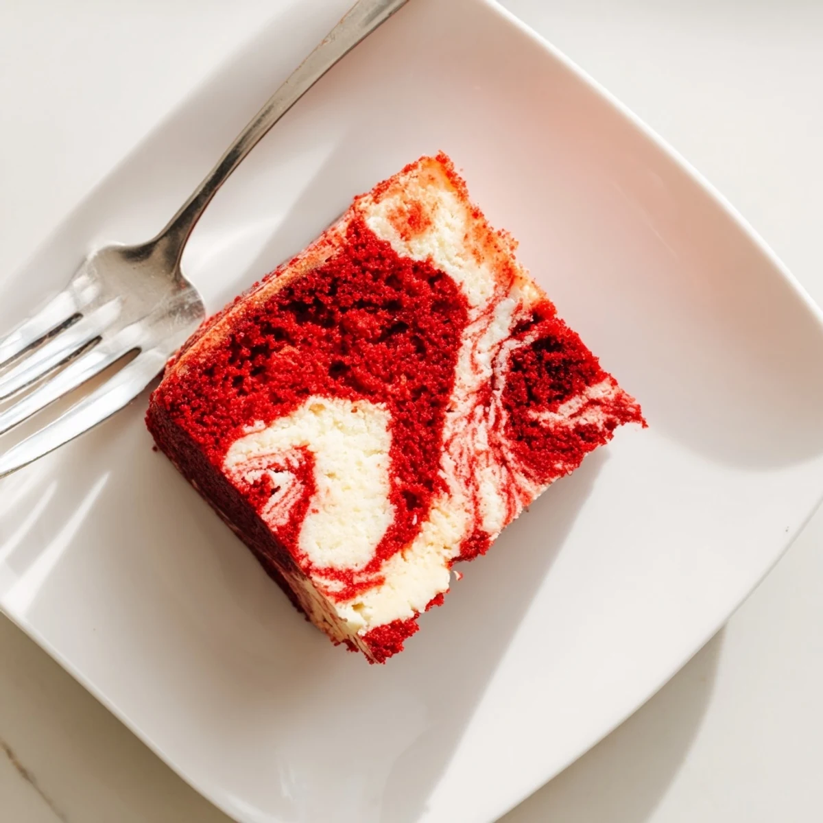 Sliced red velvet cheesecake swirl cake showing vibrant red and creamy white marbling
