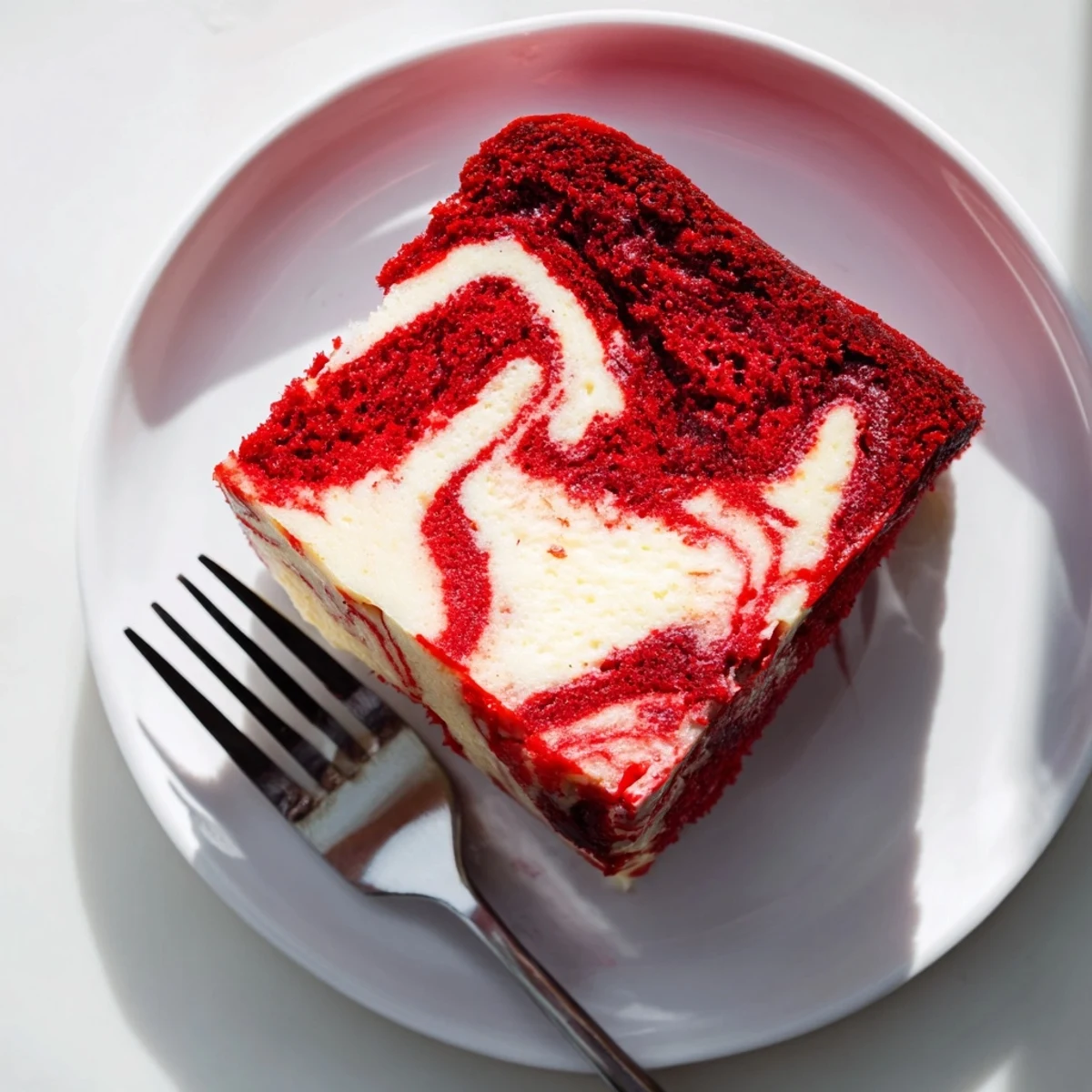 Decadent red velvet cake layer topped with sweet cream cheese swirls and powdered sugar