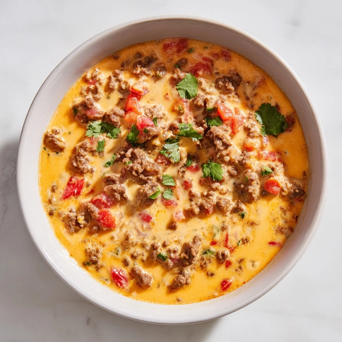 Golden melty Rotel dip with seasoned ground beef served in a white bowl alongside crispy tortilla chips