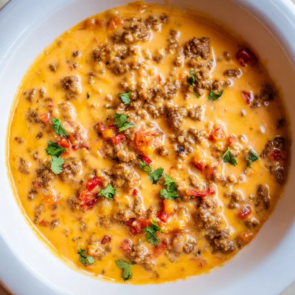 Creamy beef and cheese Rotel dip bubbling hot in a slow cooker ready for game day snacking