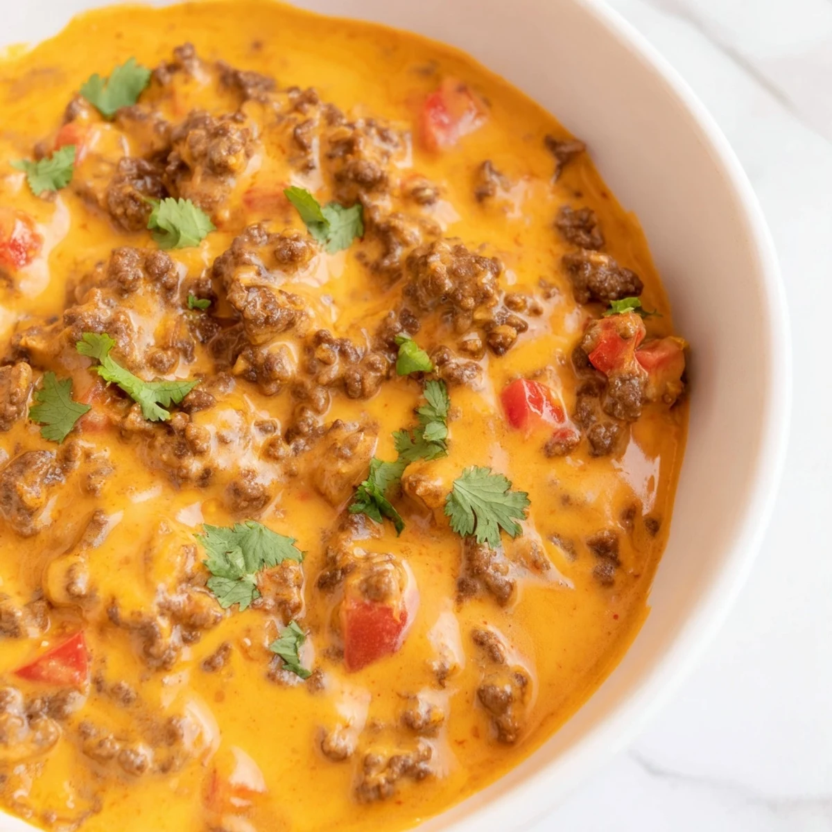 Rich cheesy Rotel dip topped with cilantro featuring melted processed cheese and spicy diced tomatoes with green chilies