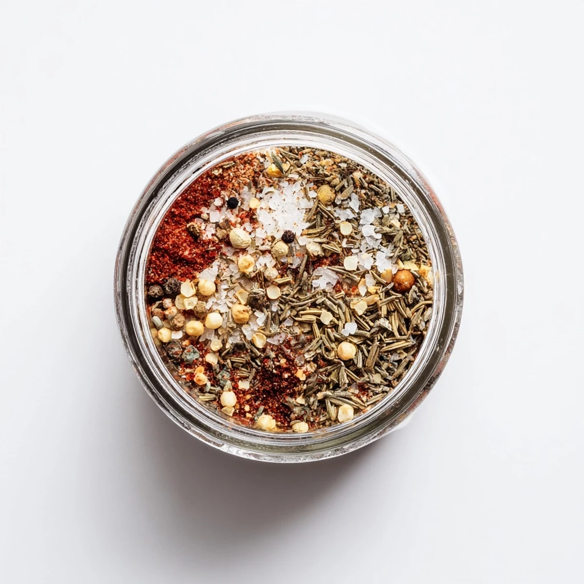 Homemade copycat Montreal steak seasoning blend in a glass jar with visible coarsely ground black pepper and spices