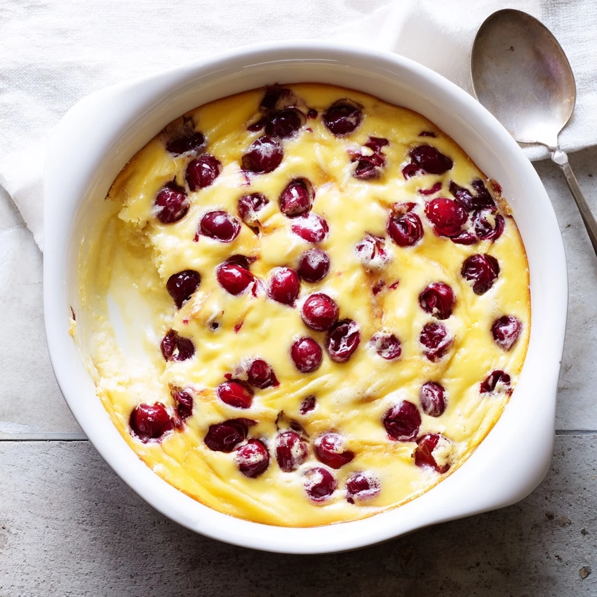 Golden cherry custard dessert baking in a round dish with juicy red fruit nestled in creamy vanilla custard