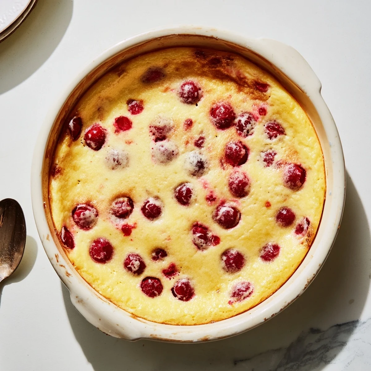 Homemade cherry custard featuring tart cherries suspended in a smooth baked egg custard with a lightly caramelized top