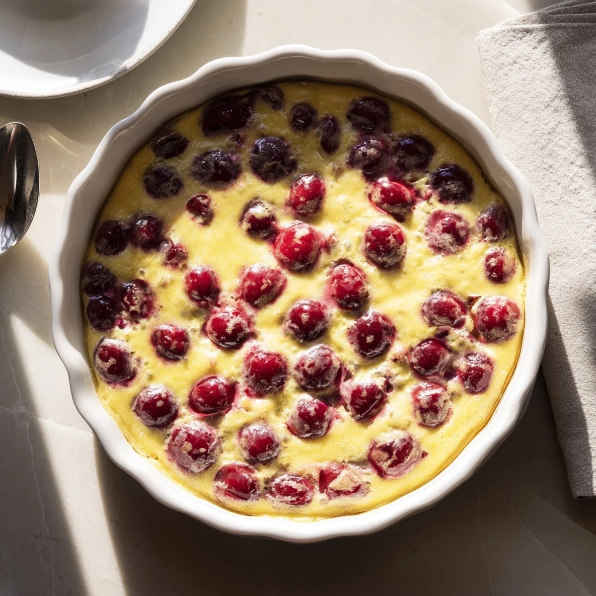 Creamy cherry custard dessert served warm showcasing plump cherries in a rich golden vanilla custard base