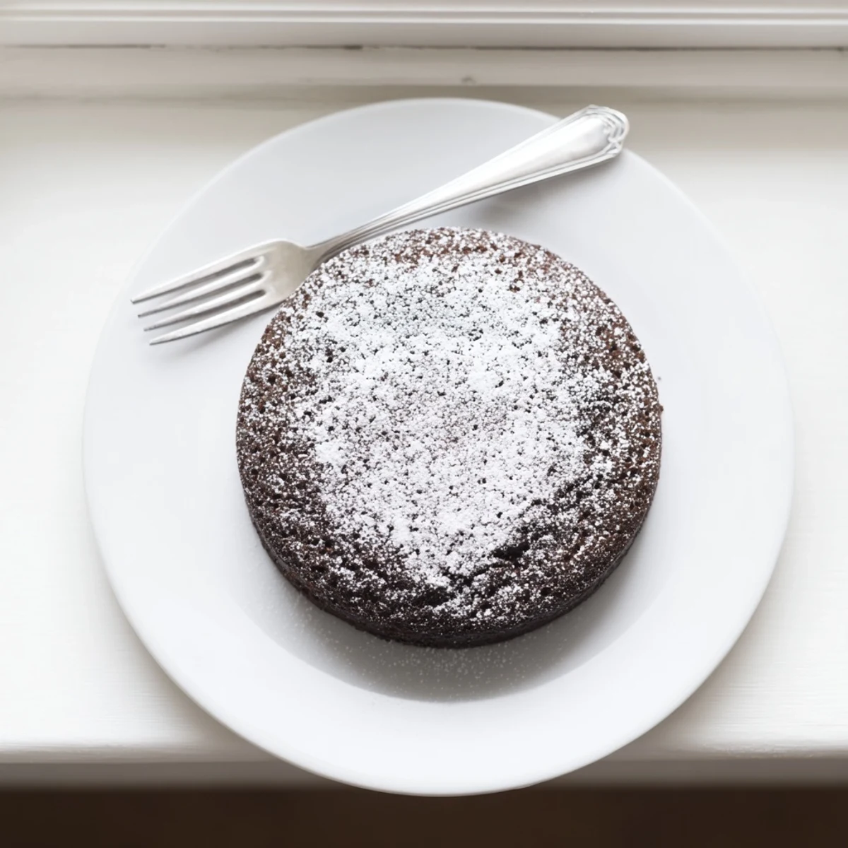 Moist Air Fryer Guinness chocolate cake dusted with powdered sugar on a white plate