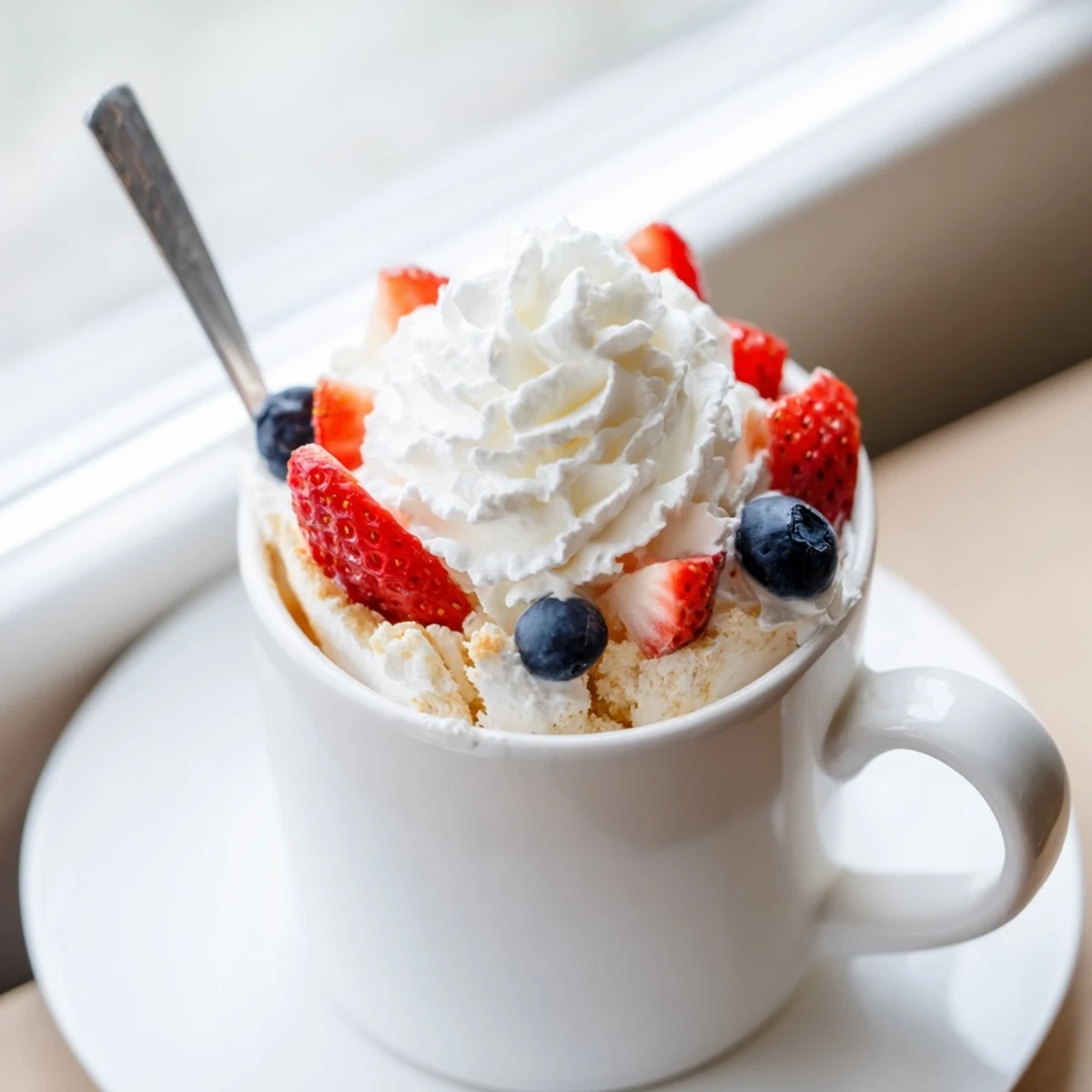 Golden easy air fryer mug cake dessert dusted with powdered sugar and strawberries