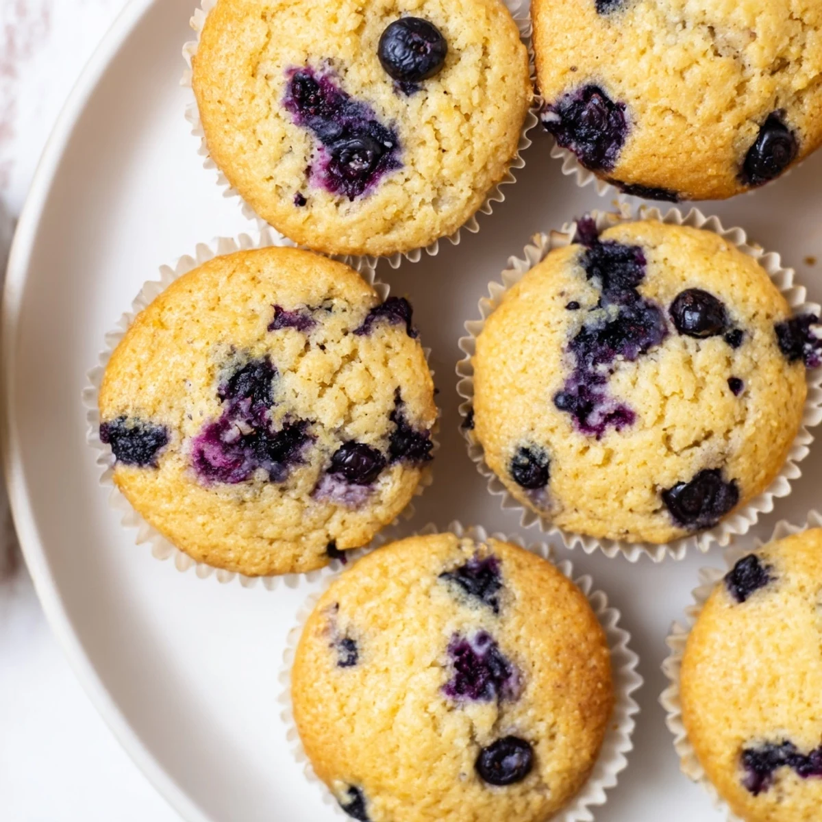 Golden almond flour blueberry muffins with Greek yogurt bursting with juicy berries on a wire cooling rack