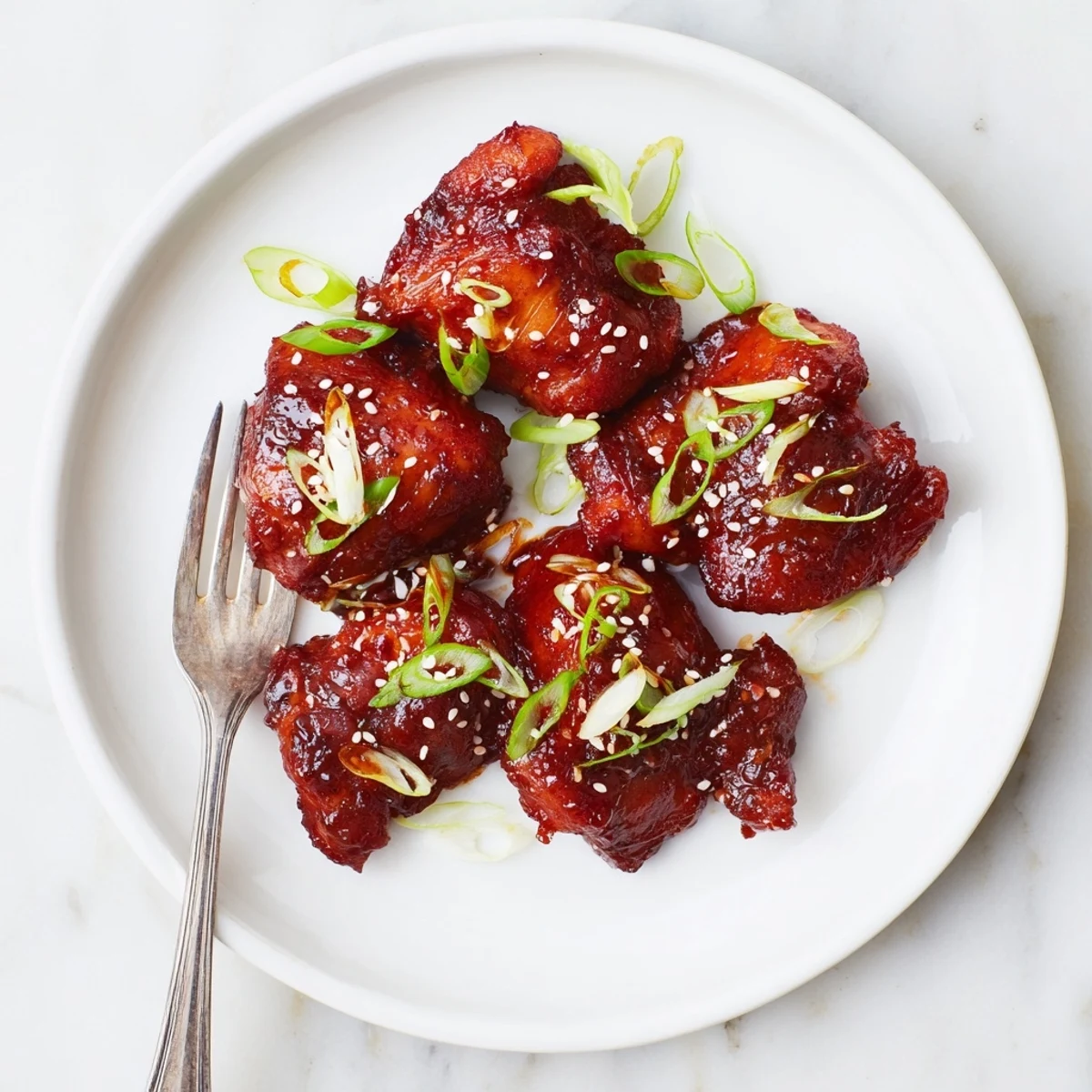 Spicy-sweet gochujang chicken with caramelized edges garnished with sliced scallions and toasted sesame seeds