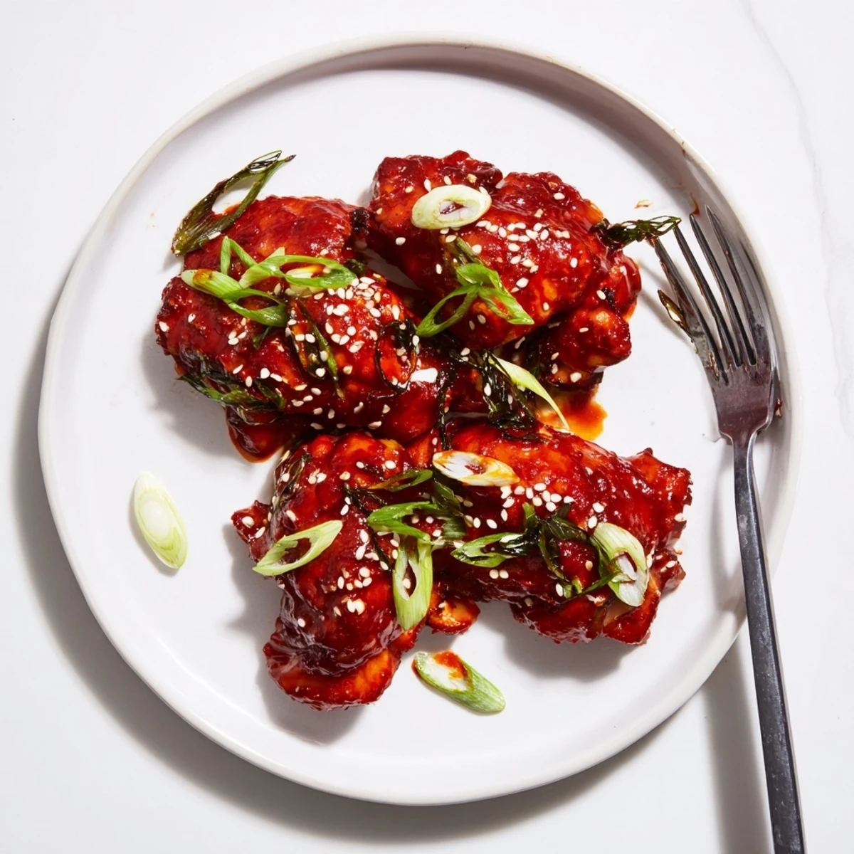 Tender Korean chicken thighs caramelized in sweet chili paste served over fluffy white rice