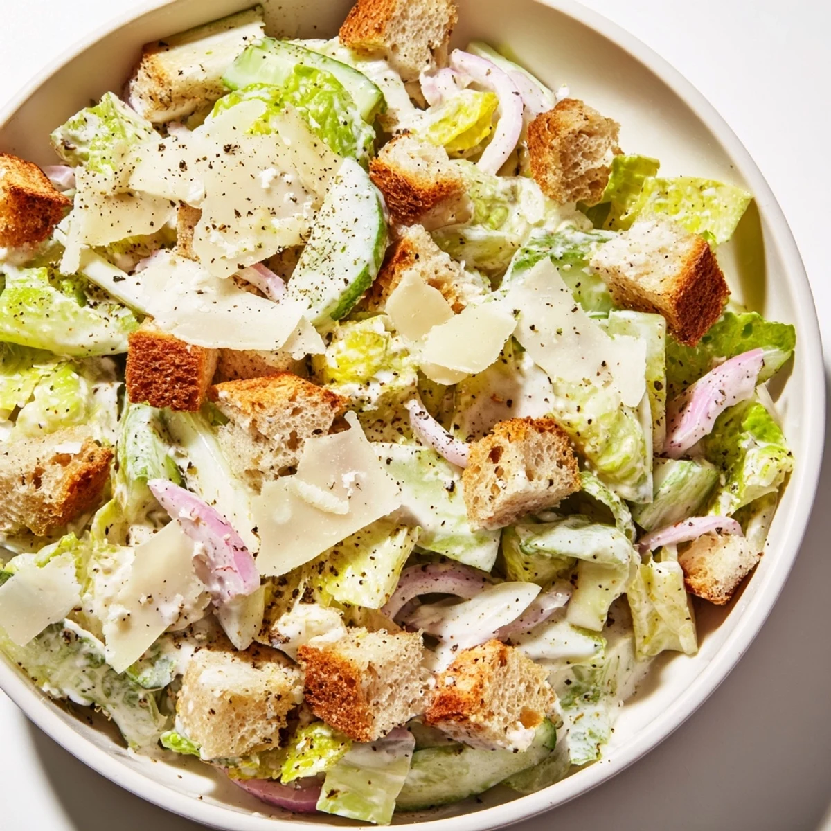 Fresh cucumber Caesar salad with crisp romaine, golden croutons, and creamy Parmesan dressing in a white bowl