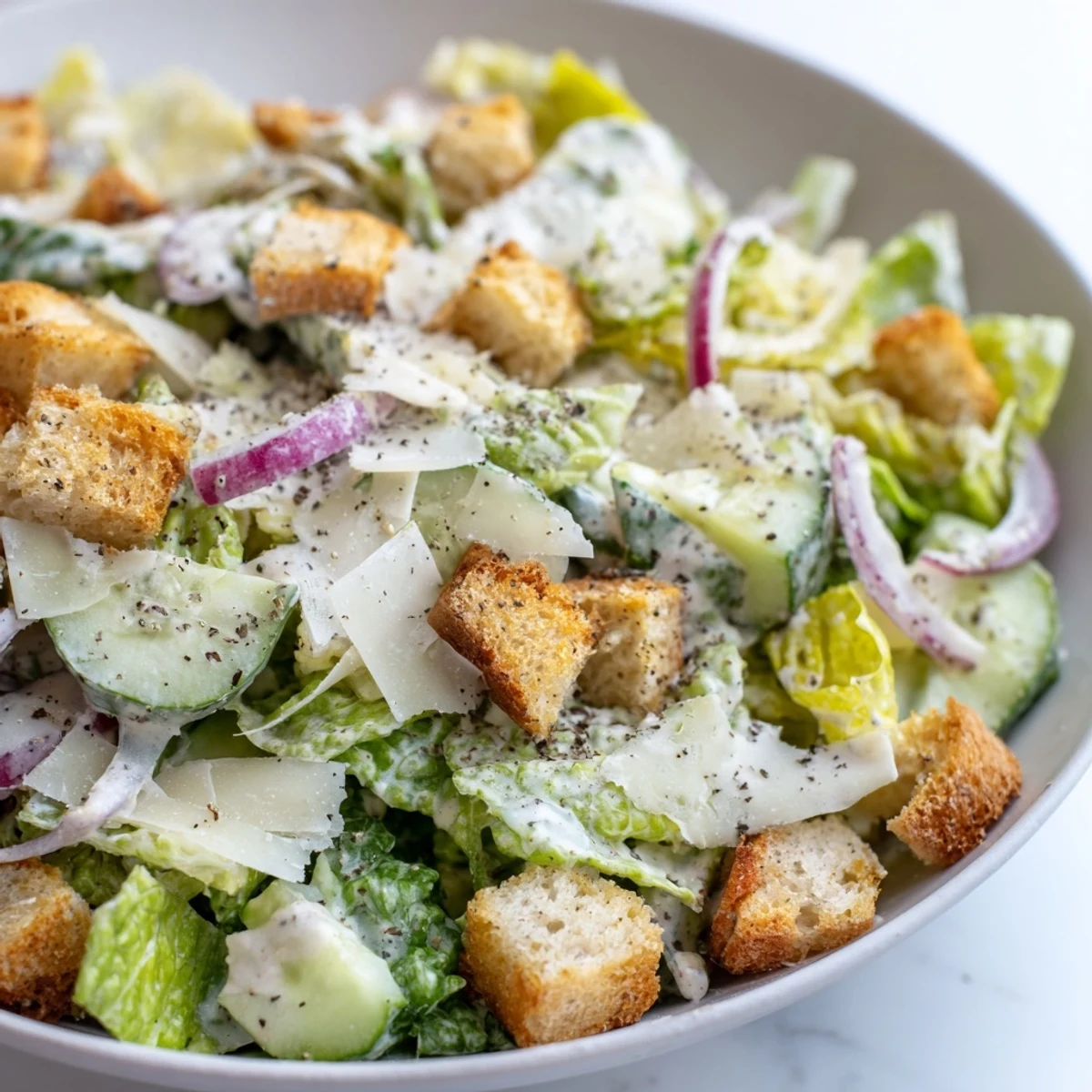 Vibrant cucumber Caesar salad plated with crisp lettuce, golden bread croutons, and rich white dressing topped with cheese shavings