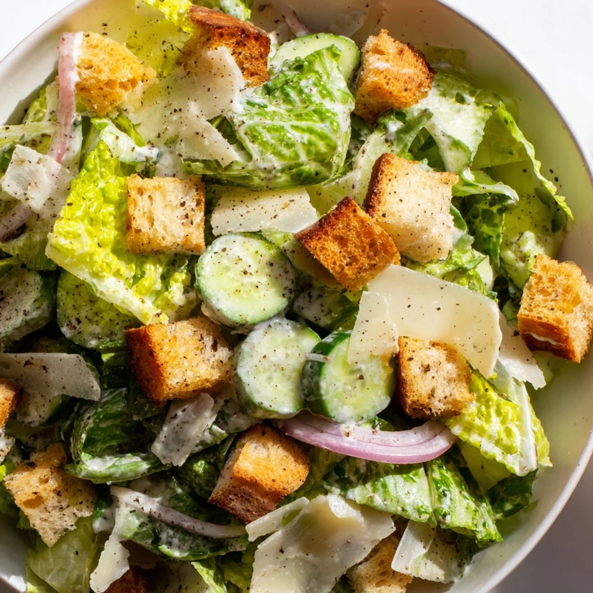 Homemade cucumber Caesar salad featuring sliced English cucumbers, crunchy homemade croutons, and tangy dressing garnished with shaved Parmesan