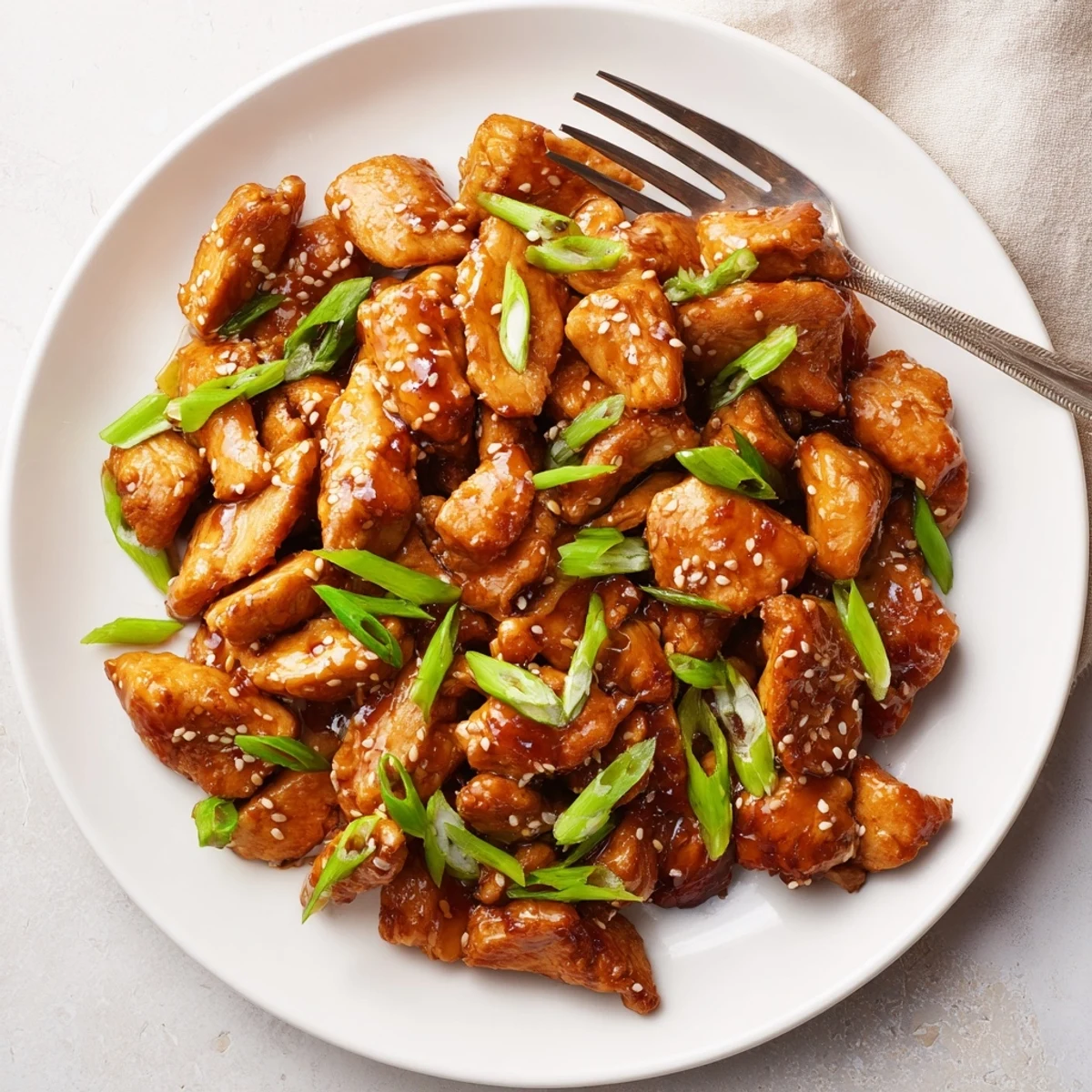 Golden Mongolian chicken pieces coated in thick savory-sweet garlic ginger sauce with fresh green scallions scattered over the top